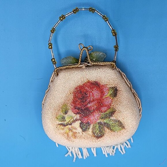 Victorian "Sugared" Purse Ornaments Lace Roses Beaded Handle Tulle Ribbon Tassel - Picture 6 of 12